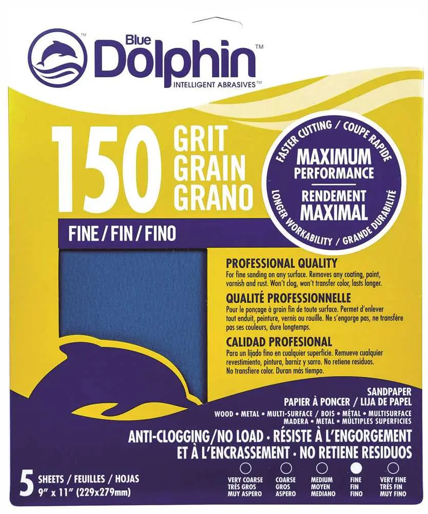 Blue Dolphin&Trade; Anti-Clogging-No Load Series Sandpaper, 9 In. X 11 In., 150 Grit, 5 Pack 1