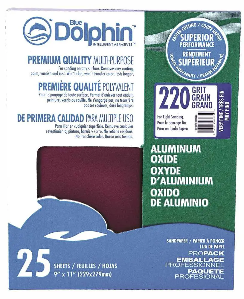 Blue Dolphin&Trade; Aluminum Oxide Sandpaper, 9 In. X 11 In., 220 Grit, 25 Pack 1