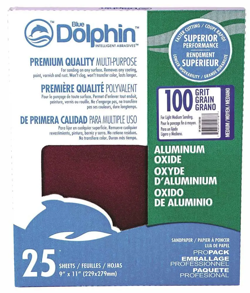 Blue Dolphin&Trade; Aluminum Oxide Sandpaper, 9 In. X 11 In., 100 Grit, 25 Pack 1