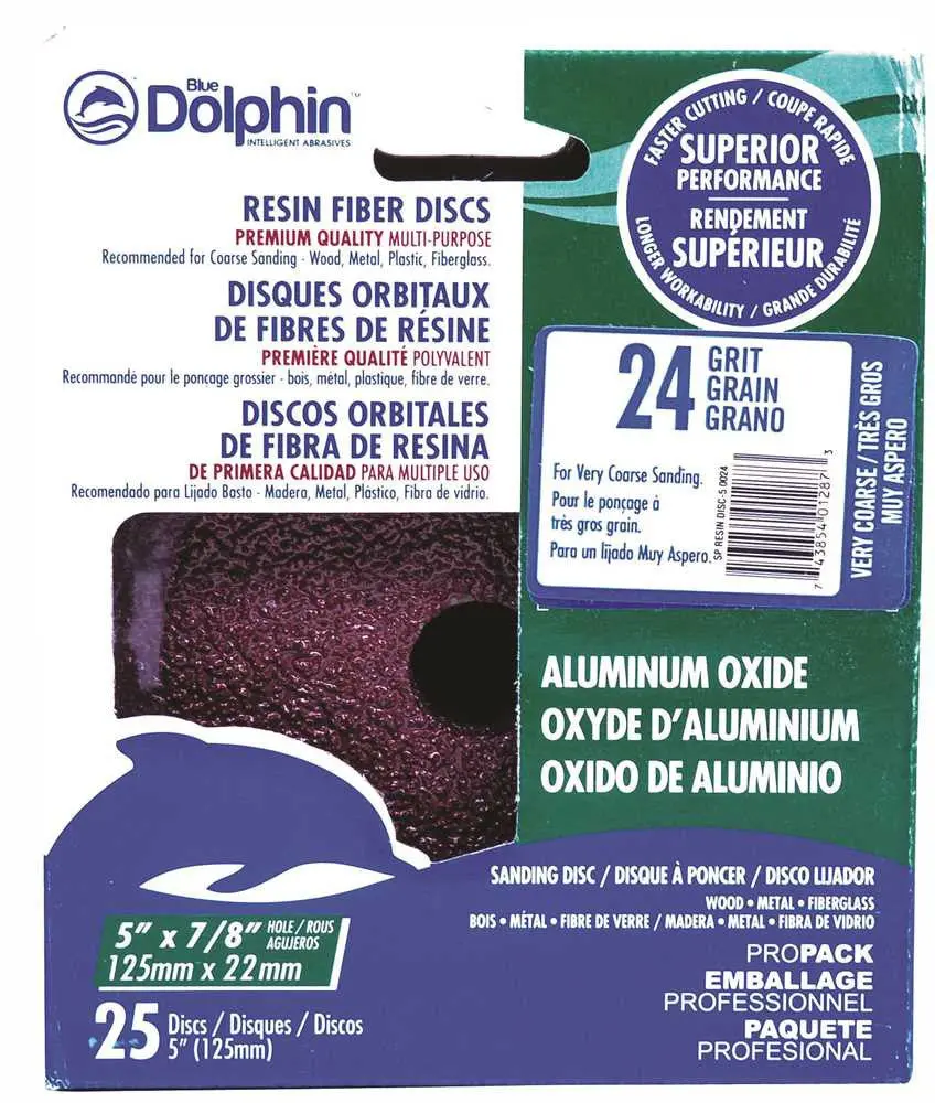 Blue Dolphin&Trade; Resin Fiber Sanding Discs, 5 In. X 7-8 In. Hole, 24 Grit, 25 Pack 1