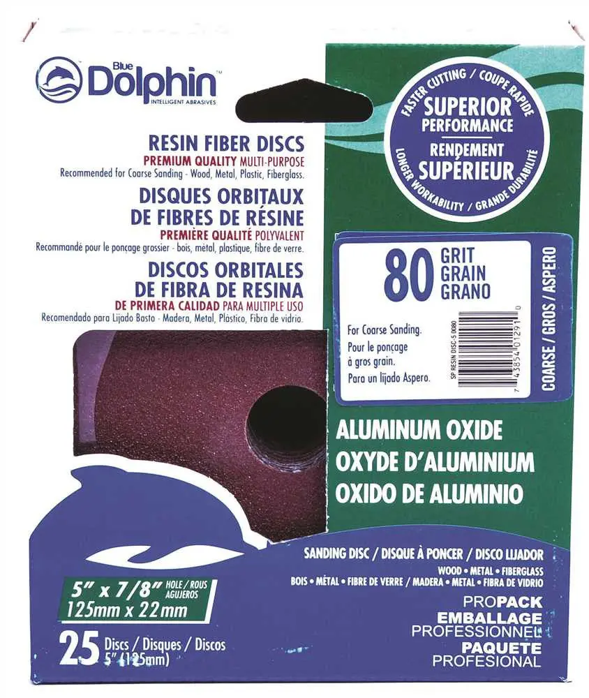 Blue Dolphin&Trade; Resin Fiber Sanding Discs, 5 In. X 7-8 In. Hole, 80 Grit, 25 Pack 1