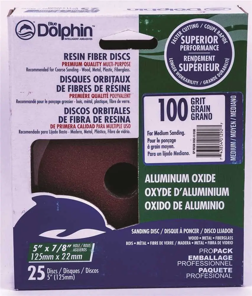 Blue Dolphin&Trade; Resin Fiber Sanding Discs, 5 In. X 7-8 In. Hole, 100 Grit, 25 Pack 1