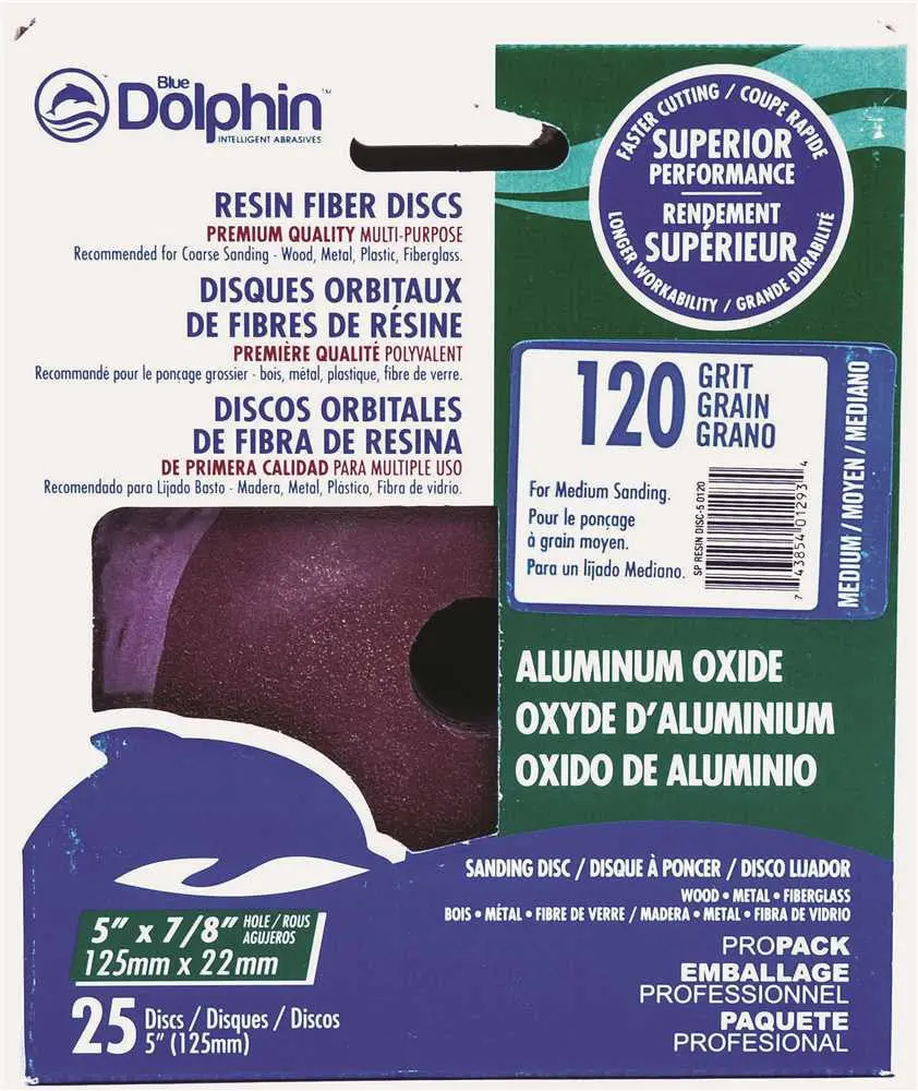 Blue Dolphin&Trade; Resin Fiber Sanding Discs, 5 In. X 7-8 In. Hole, 120 Grit, 25 Pack 1