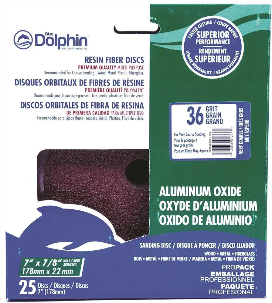 Blue Dolphin&Trade; Resin Fiber Sanding Discs, 7 In. X 7-8 In. Hole, 36 Grit, 25 Pack 1