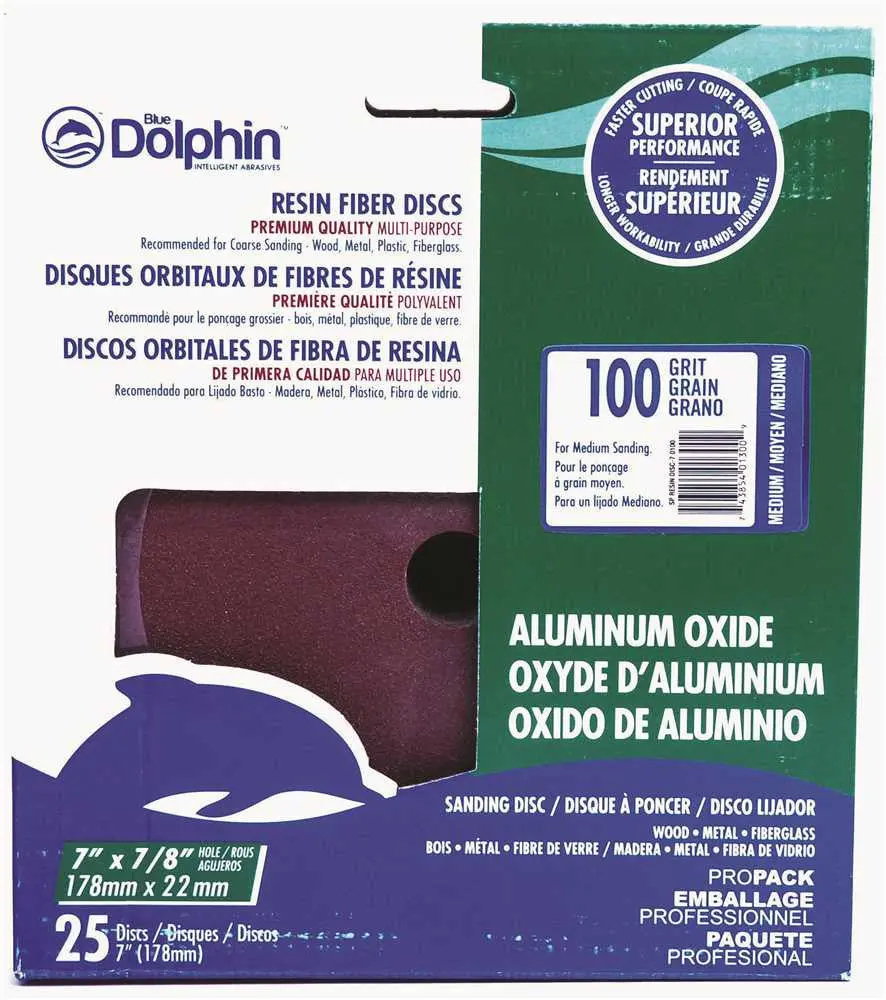 Blue Dolphin&Trade; Resin Fiber Sanding Discs, 7 In. X 7-8 In. Hole, 100 Grit, 25 Pack 1