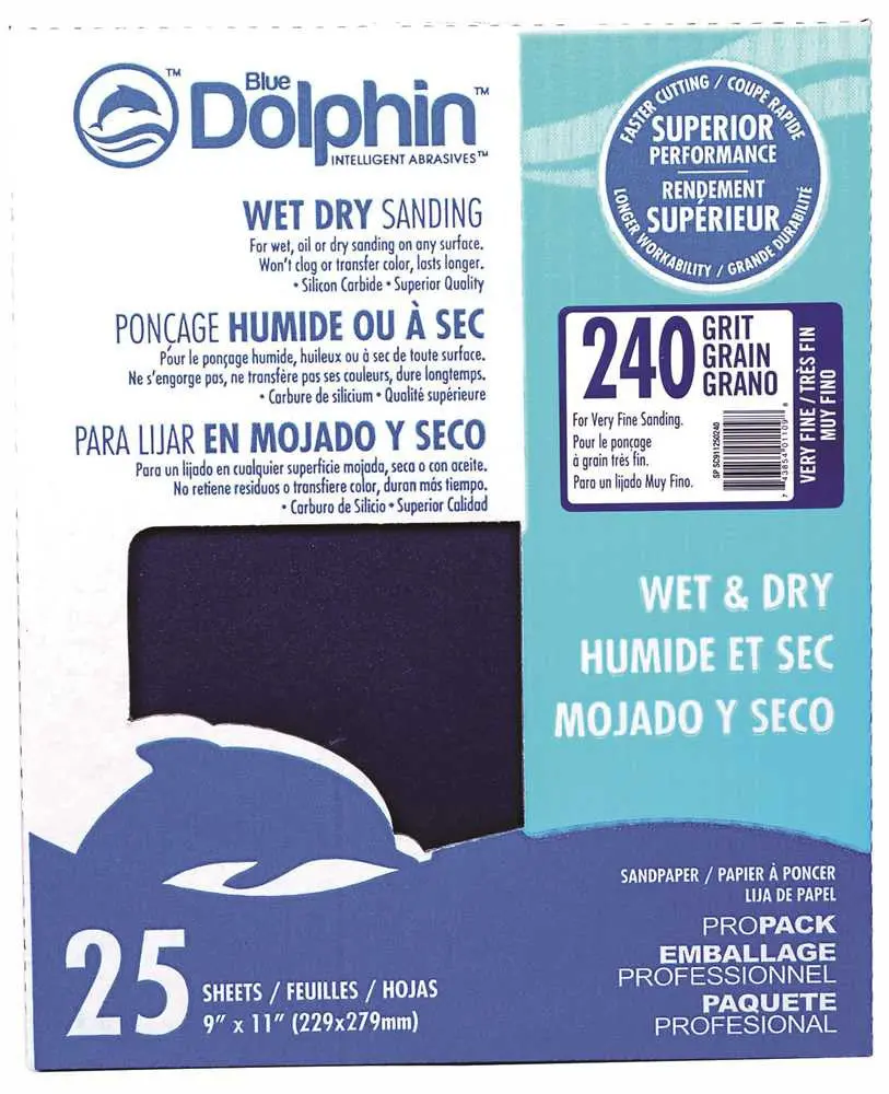 Blue Dolphin&Trade; Wet & Dry Silicon Carbide Sanding Paper, 9 In.X 11 In., 240 Grit, 25 Pack 1