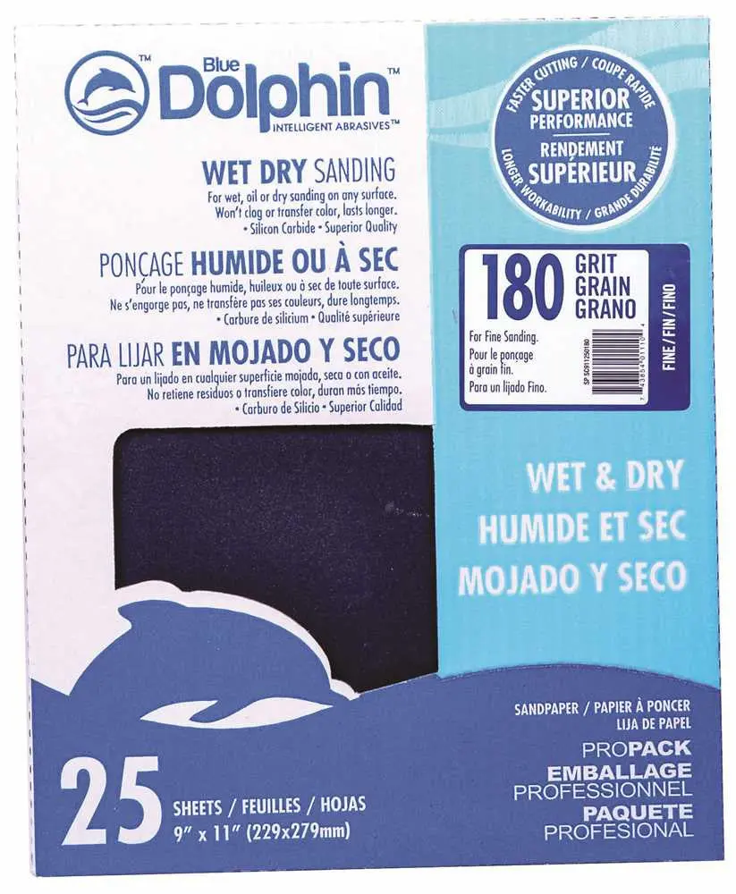 Blue Dolphin&Trade; Wet & Dry Silicon Carbide Sanding Paper, 9 In.X 11 In., 180 Grit, 25 Pack 1