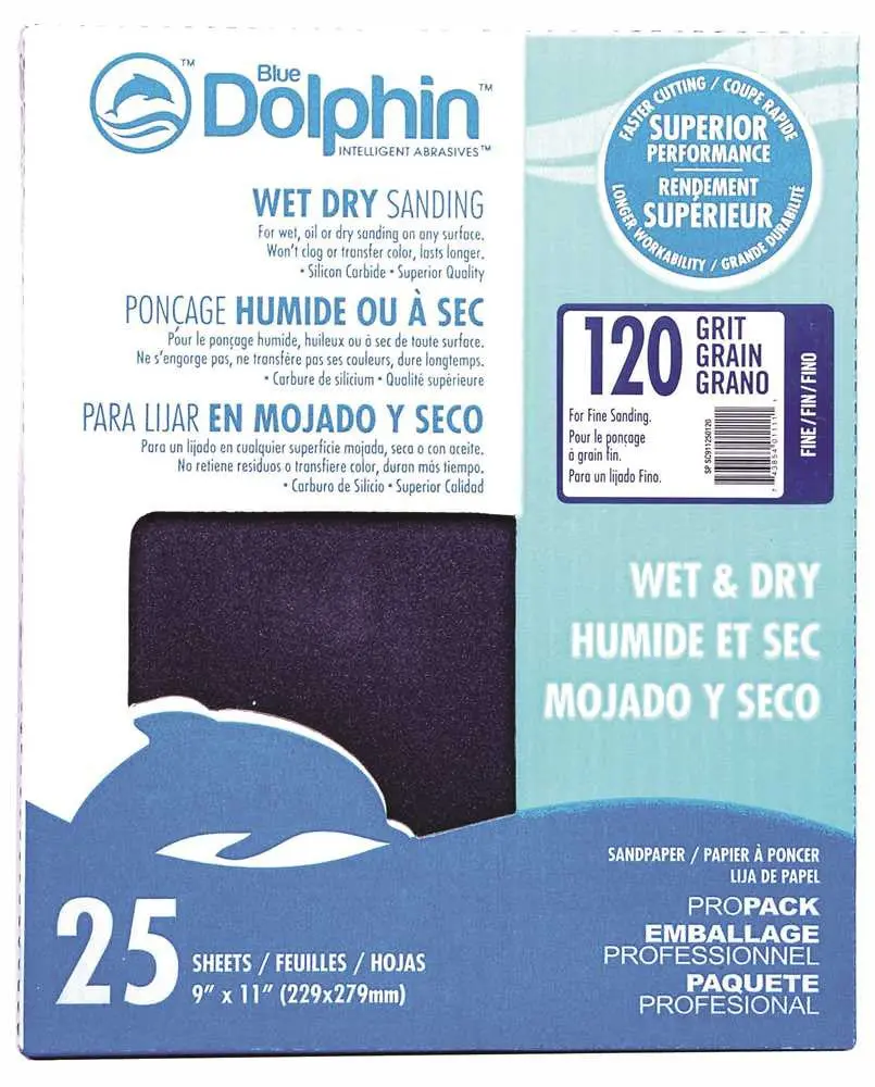 Blue Dolphin&Trade; Wet & Dry Silicon Carbide Sanding Paper, 9 In.X 11 In., 120 Grit, 25 Pack 1
