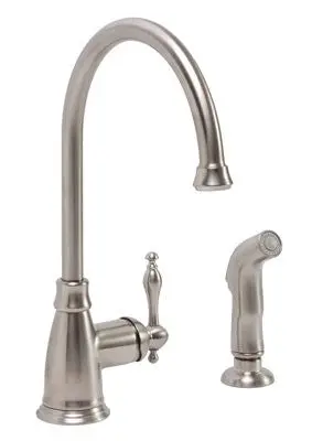 Wellington Ceramic Disc Kitchen Faucet With Teapot-Style Canopy Handle And Sprayer Brushed Nickel 1