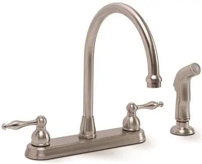 Wellington Ceramic Disc Kitchen Faucet With Teapot-Style Handles And Sprayer Brushed Nickel 1