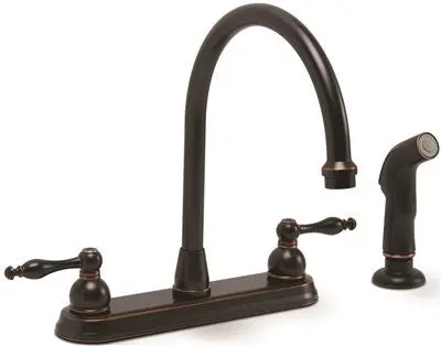 Wellington Ceramic Disc Kitchen Faucet With Teapot-Style Handles And Sprayer Parisian Bronze 1