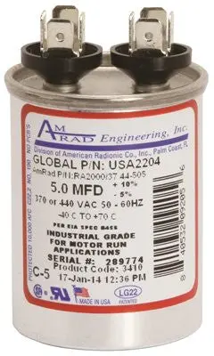 Amrad Engineering Round Usa-Made Motor Run Capacitor, 5 Mfd, 370-440 Vac 1