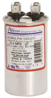 Amrad Engineering Round Usa-Made Motor Run Capacitor, 20 Mfd, 370-440 Vac 1