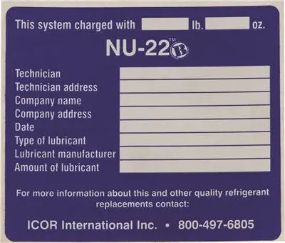 Icor International Nu-22B&Trade; Refrigerant System Id Labels, 10 Per Pack 1