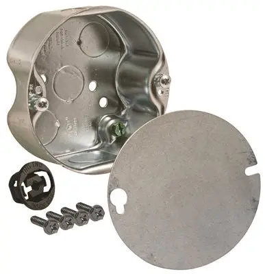 Hubbell Raco Round Ceiling Fan Support Box With 1-2" Side And Bottom Knockouts, 1-1-2" Deep, 4" Round 1