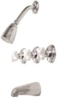Ashbury Tub And Shower Faucet Washerless Chrome With White Cross Handles 1