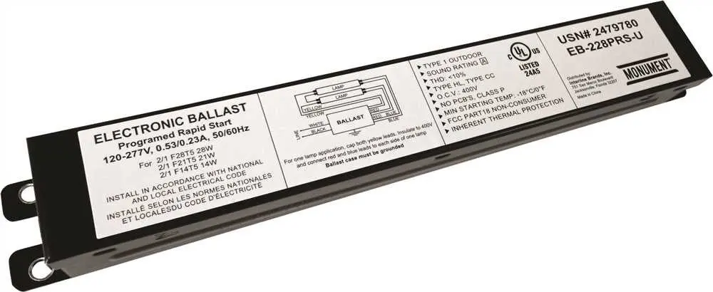 Monument&Reg; 2-Lamp Electronic Fluorescent Ballast, Programmed Rapid Start, 120 - 277 Volts, 28 Watts 1