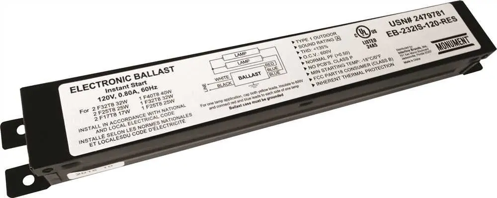 Monument&Reg; 2-Lamp Electronic Fluorescent Ballast, Instant Start, 120 Volts, 32 Watt 1