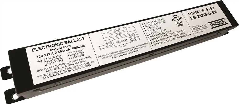 Monument&Reg; 2-Lamp Electronic Fluorescent Ballast, Instant Start, 120 - 277 Volts, 32 Watts 1