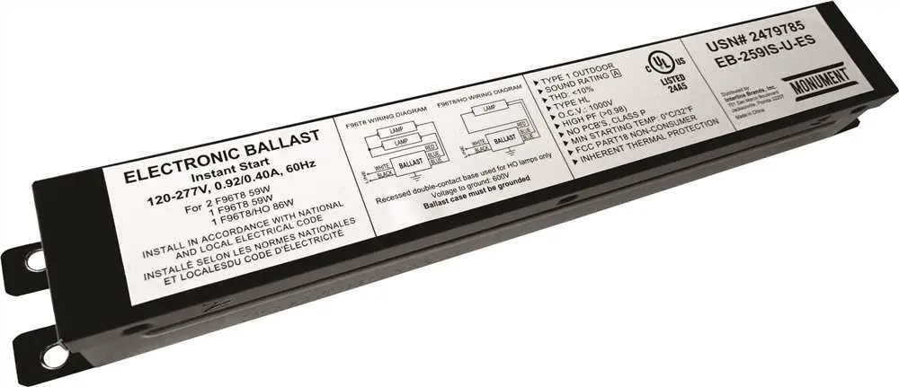 Monument&Reg; 2-Lamp Electronic Fluorescent Ballast, Instant Start, 120 - 277 Volts, 59 Watts 1