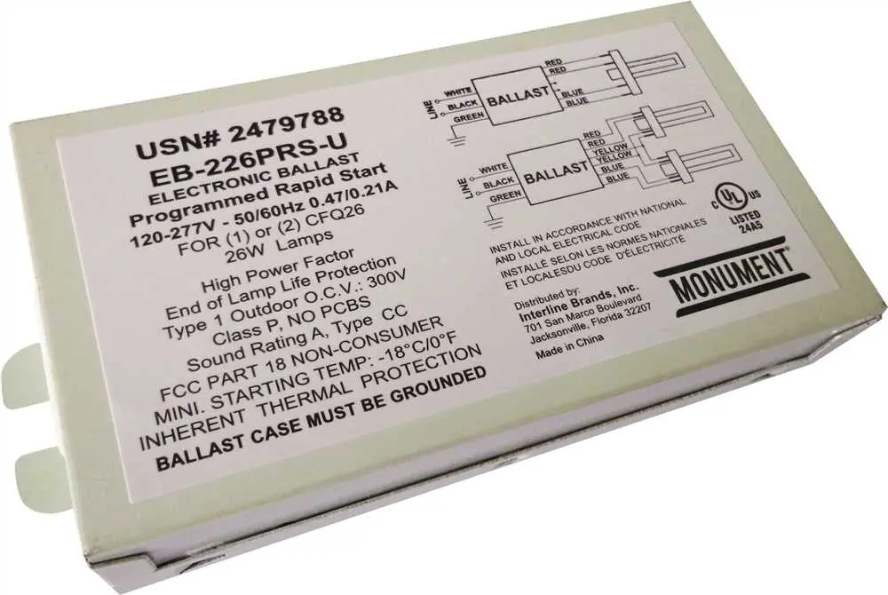 Monument&Reg; 2-Lamp Electronic Fluorescent Ballast, Programmed Rapid Start, 120 - 277 Volts, 26 Watts 1