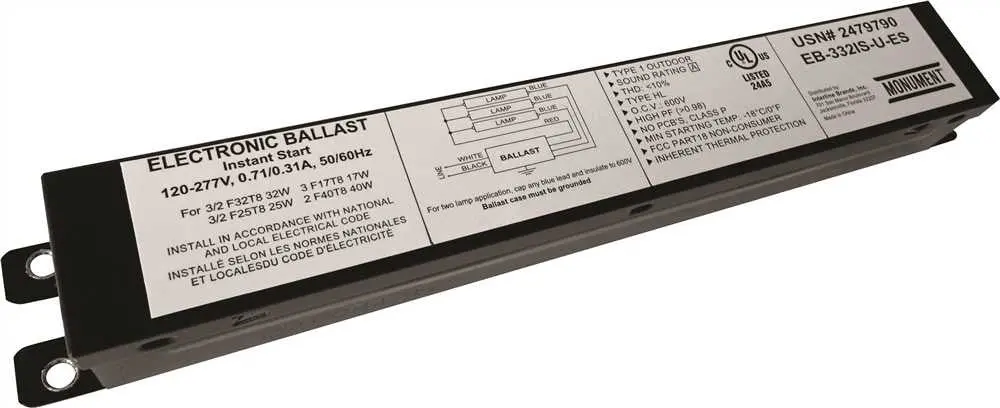 Monument&Reg; 3-Lamp Electronic Fluorescent Ballast, Instant Start, Energy Saving, 120 - 277 Volts, 32 Watts 1