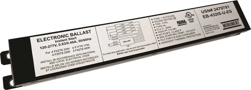 Monument&Reg; 4-Lamp, Electronic Fluorescent Ballast, Instant Start, Energy Saving, 120 - 277 Volts, 32 Watts 1