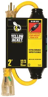 Coleman Cable Yellow Jacket&Reg; In-Line Gfci With 2 Ft. 12-3 Sjtw Cord And Lighted Receptacle, Yellow 1