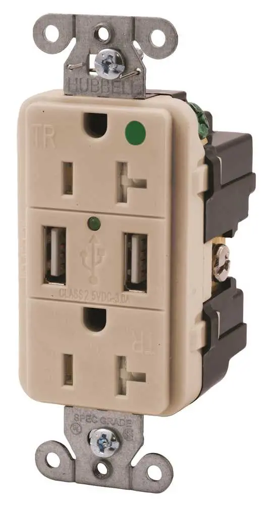 Hubbell Tamper Resistant Hospital Grade Usb Charger Duplex Receptacle, 20 Amp, Light Almond 1