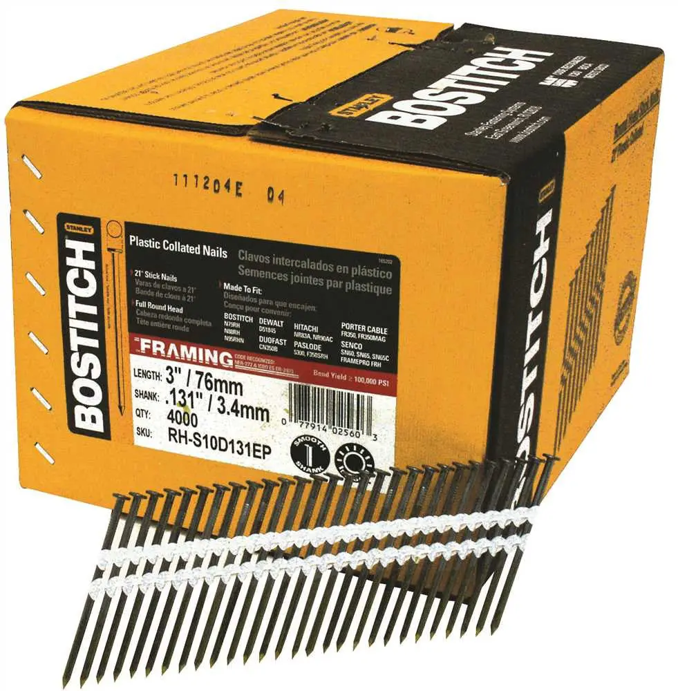Stanley Bostitch  3 In. X .131 Smooth Shank 21° Plastic Collated Stick Framing Nails, 4,000 Per Box 1