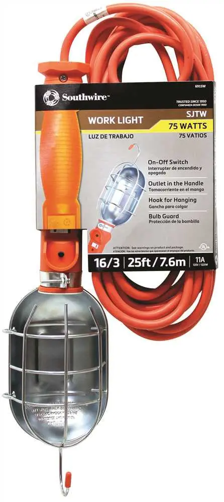 Woods&Reg; Pvc Work Light With Outlet And Metal Guard, 16-3 Sjt, Orange, 75 Watts, 25' 1