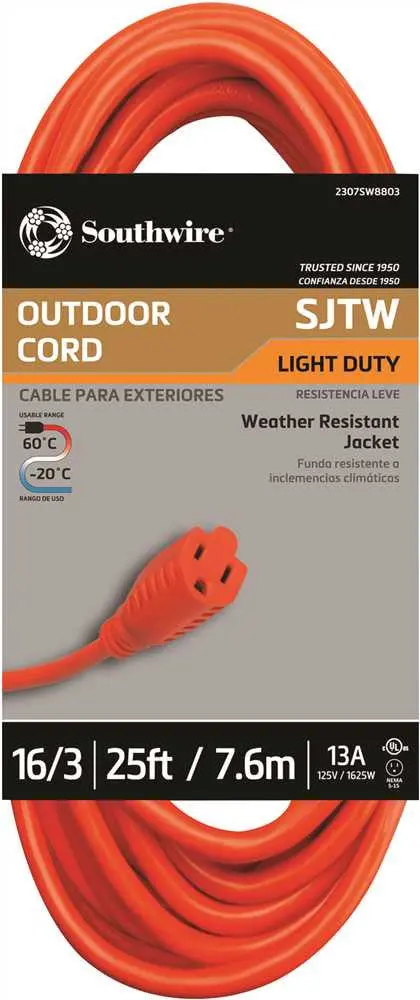 Vinyl Outdoor Sjtw Extension Cord, 16-3, 25', Orange 1