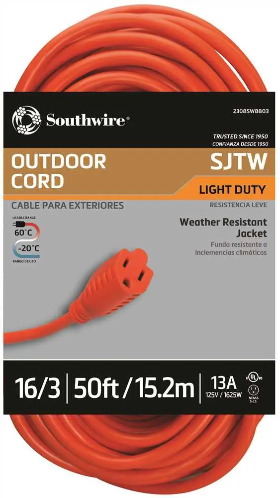 Vinyl Outdoor Sjtw Extension Cord, 16-3, 50', Orange 1