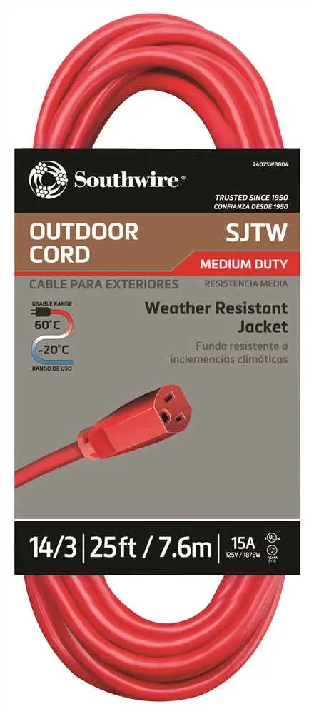 Vinyl Outdoor Sjtw Extension Cord, 14-3, 25', Red 1
