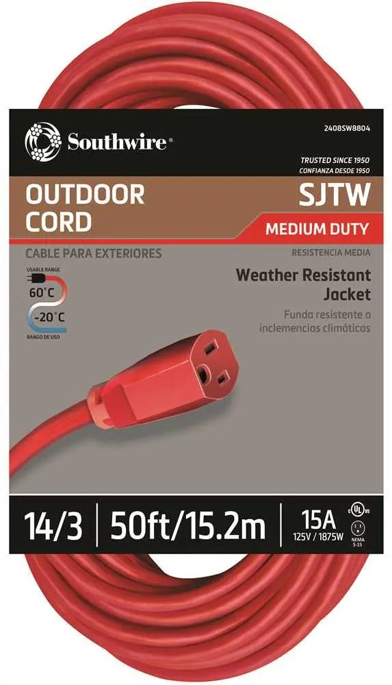 Vinyl Outdoor Sjtw Extension Cord, 14-3, 50 Ft., Red 1