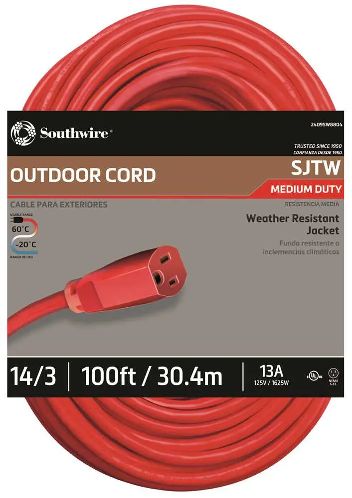 Vinyl Outdoor Sjtw Extension Cord, 14-3, 100 Ft., Red 1