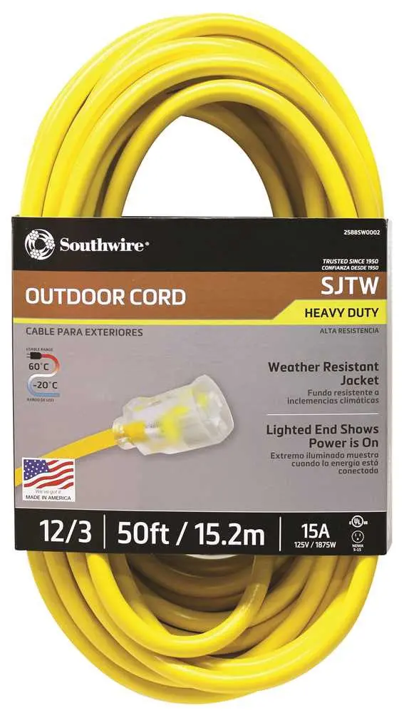 Vinyl Outdoor Sjtw Extension Cord With Lighted End, 12-3, 50 Ft., Yellow 1