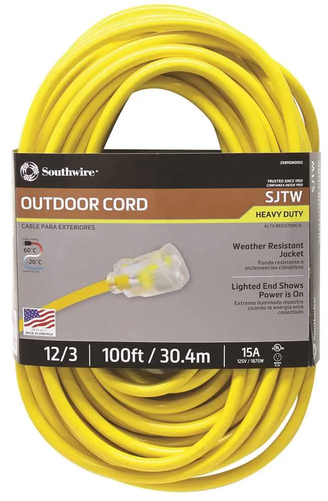Vinyl Outdoor Sjtw Extension Cord With Lighted End, 12-3, 100 Ft., Yellow 1