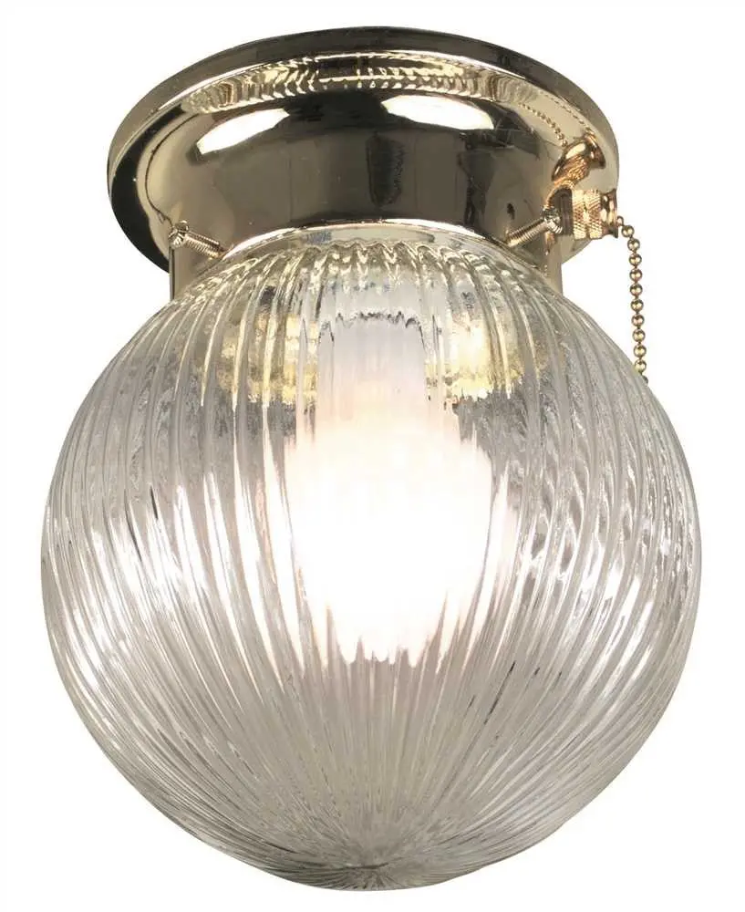 Royal Cove Ribbed Glass Ceiling Fixture With Pull Chain, 6", Polished Brass, Uses 1 60-Watt Incandescent Medium Base Bulb 1