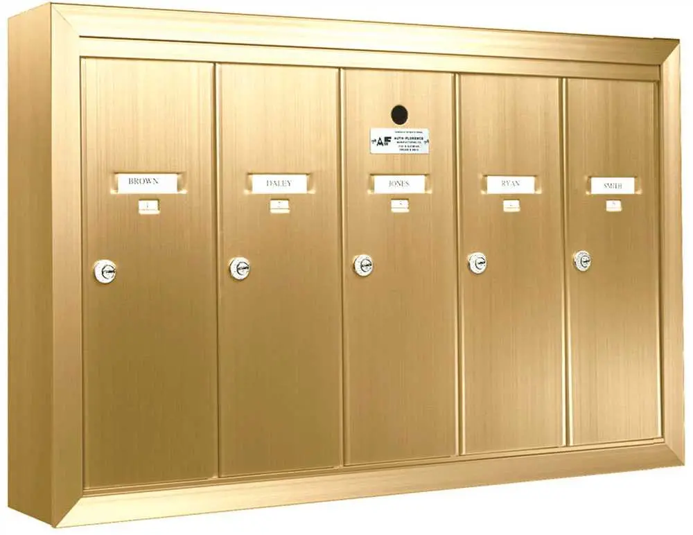 Auth-Florence Surface Mounted Vertical 5 Compartment Mailbox, Gold 1