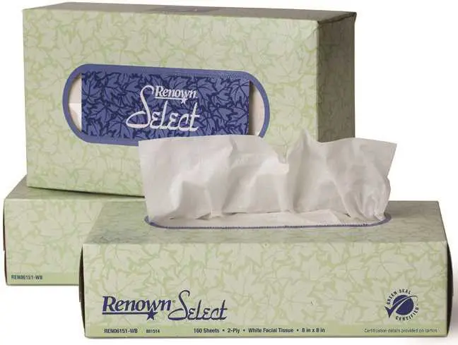 Renown&Reg; Green Seal&Trade;-Certified Facial Tissues, 2-Ply, 8 In. X 8 In., 160 Tissues Per Box, 30 Boxes Per Case 1