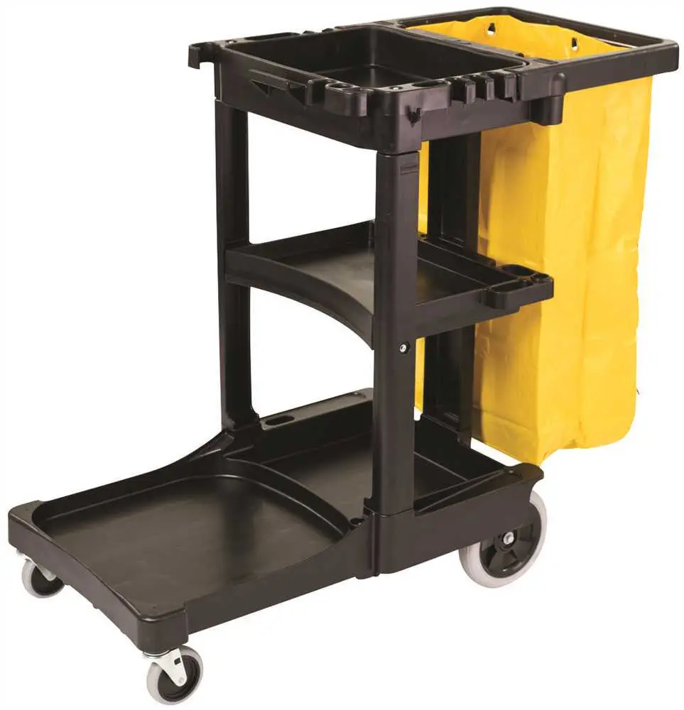 Janitor Cart With Zippered Yellow Vinyl Bag, Black 1