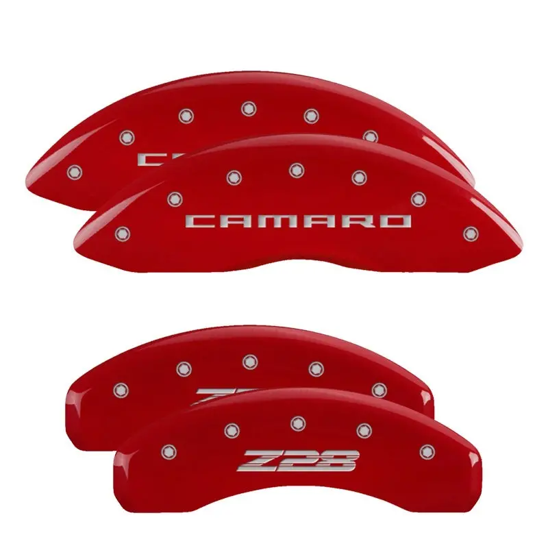 Mgp Engraved Caliper Covers: Front For Camaro Gen 5, Rear For Z28 – Red Finish On Silver Chrome 1